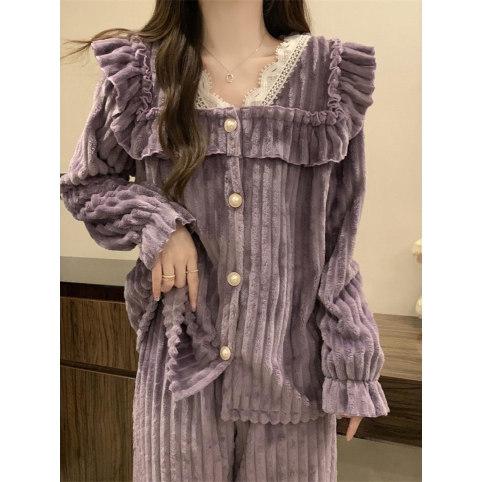 FAVMARTHA2025新款秋冬季睡衣女士珊瑚绒加绒加厚蕾丝长袖法兰绒