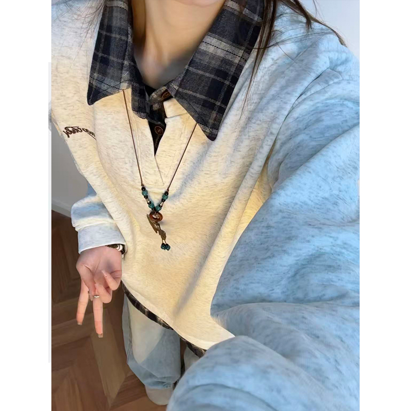 假两件格子拼接卫衣男秋冬加绒衬衫领美式polo衫翻领长袖正肩t恤