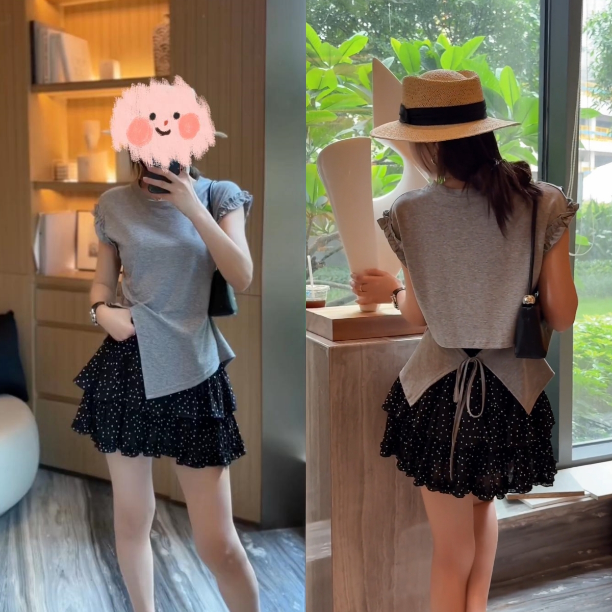 夏款修身设计款不规则绑带开叉花边上衣减龄波点蓬蓬裤裙两件套