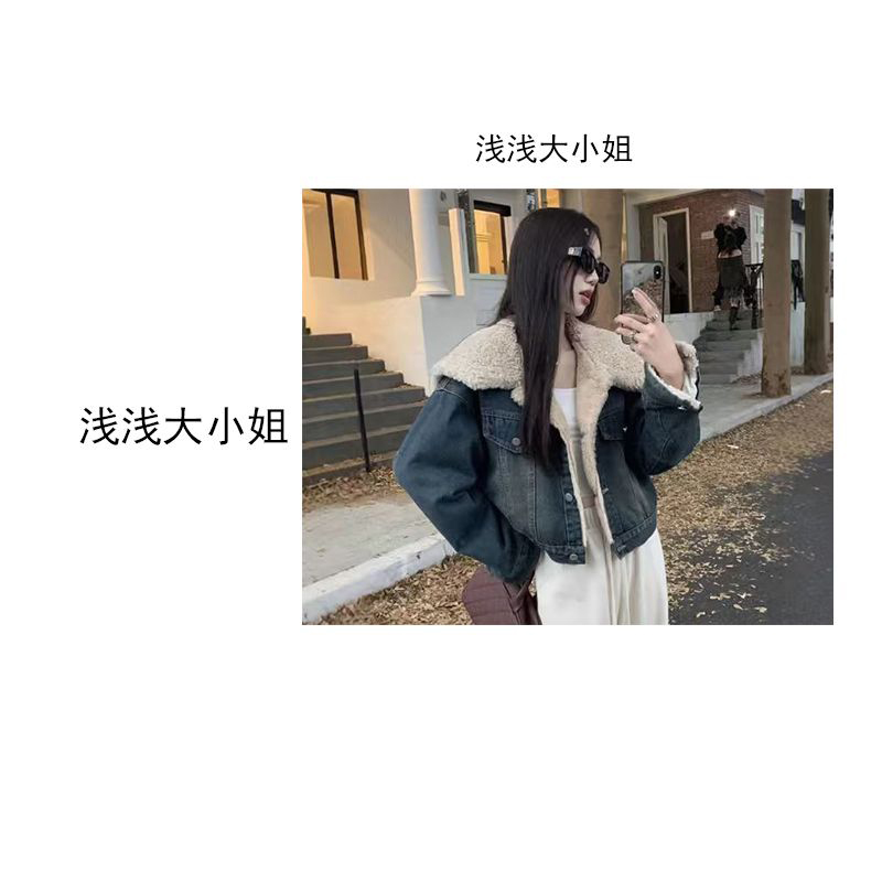加绒加厚牛仔外套女秋冬季2025新款韩版宽松设计感大翻领短款上衣