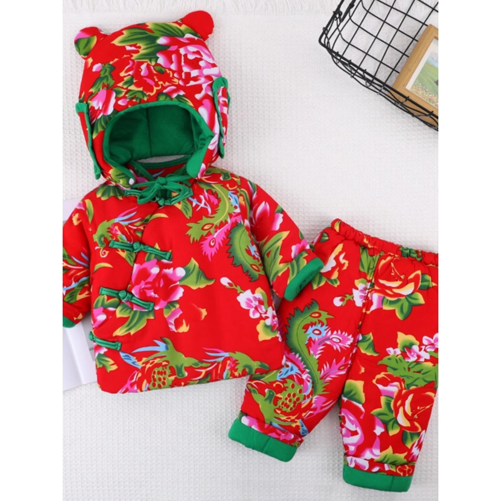 东北大花袄儿童冬季棉服分体套装婴儿棉衣加厚宝宝过年拜年服冬装