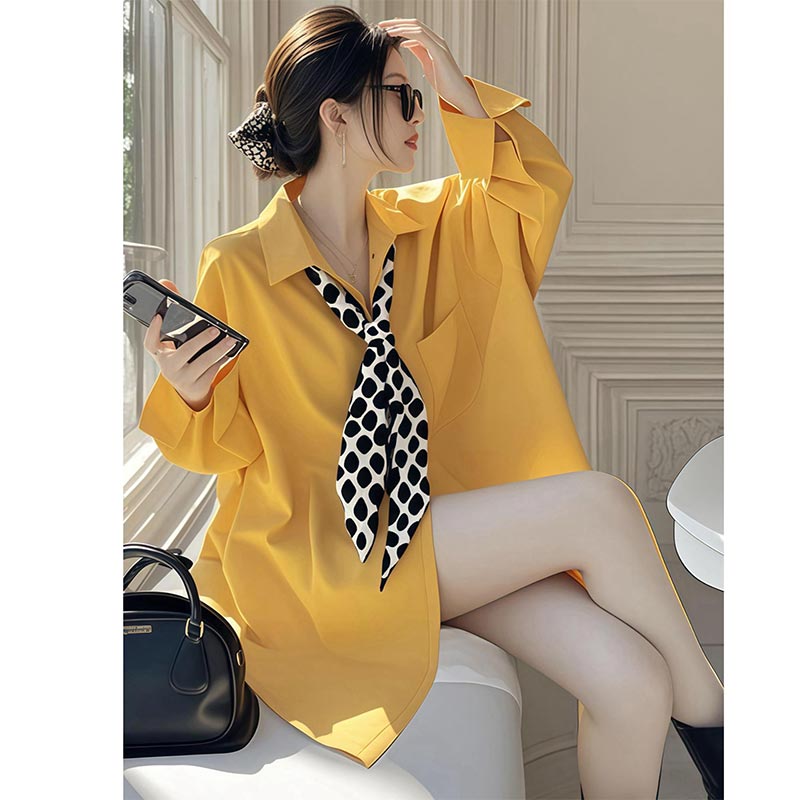 韩版设计感领结长袖衬衫女2025年春秋新款时尚爆款翻领宽松上衣潮