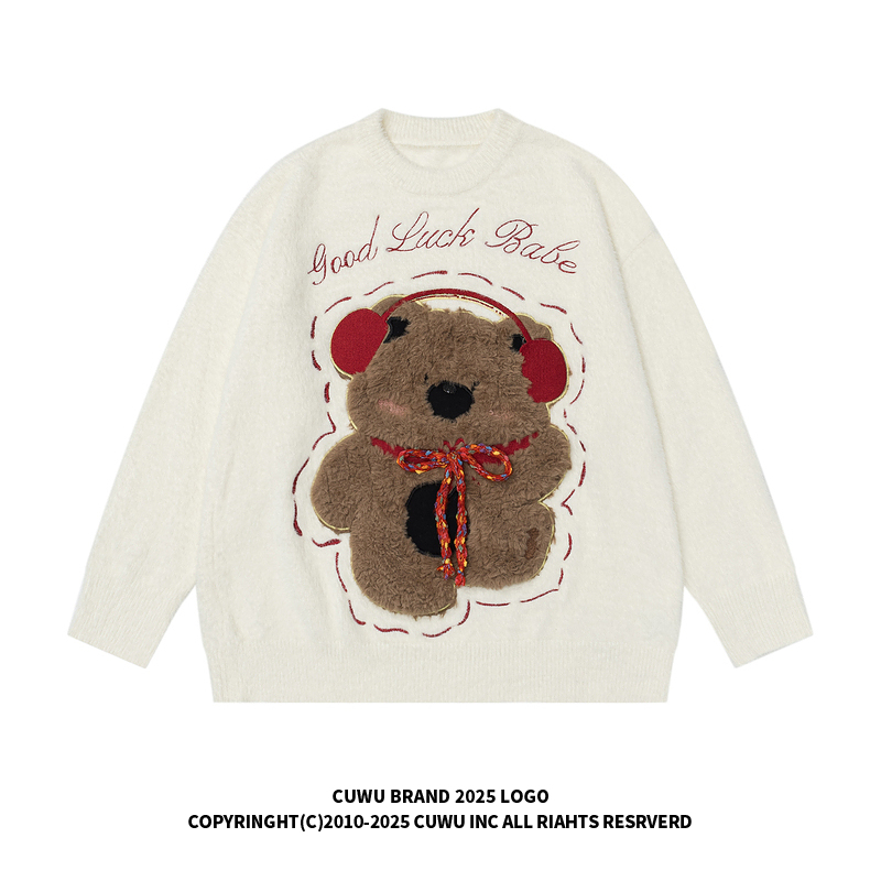 cuwu甜美小熊刺绣圆领毛衣女男秋冬软糯慵懒水貂绒针织上衣