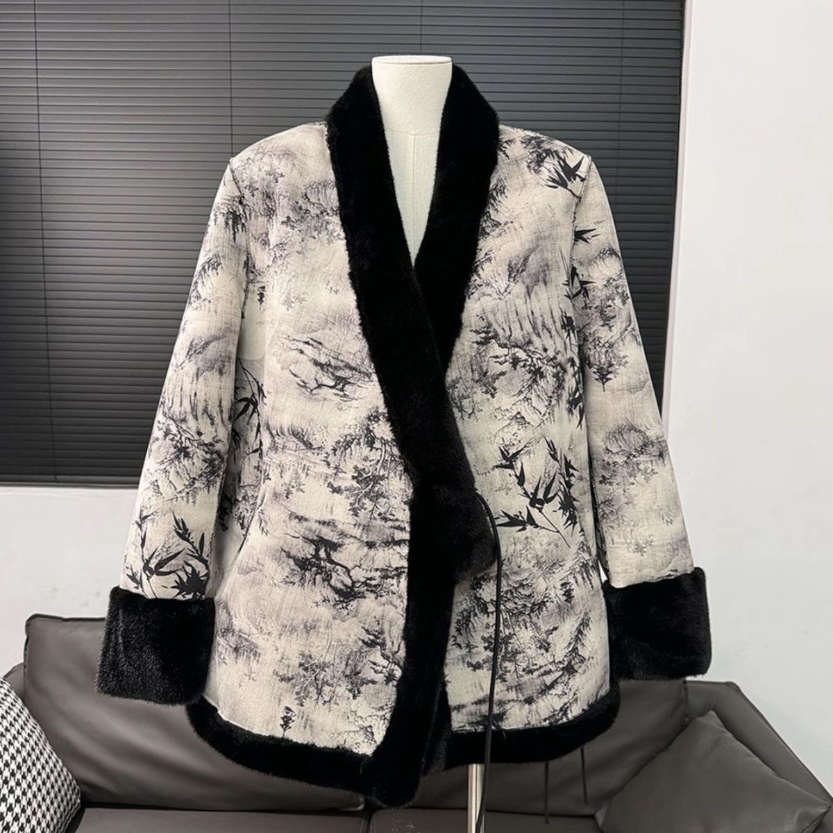 常规袖女系带印花中长款貂绒皮草气质冬季秋冬保暖