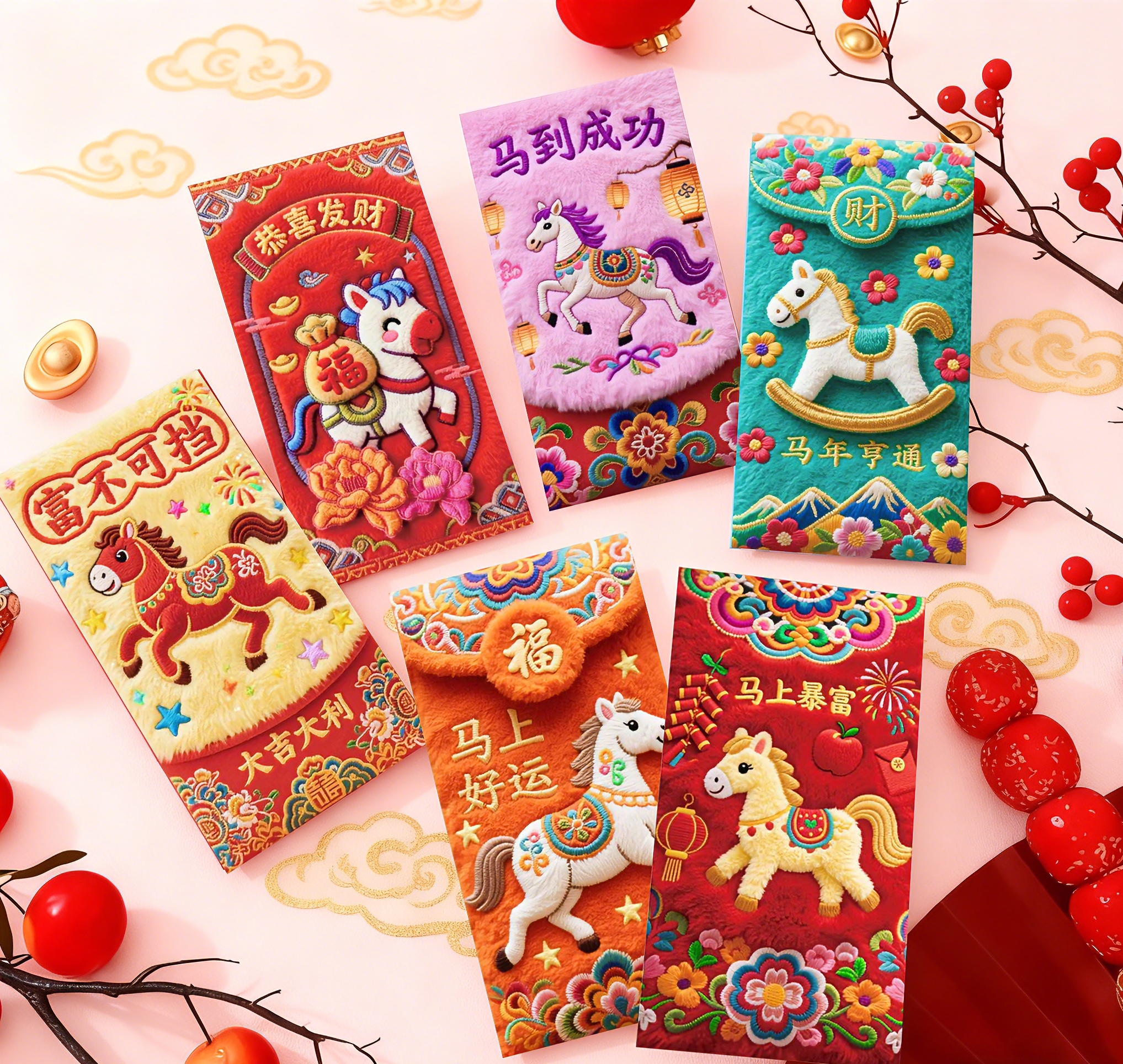 2026马年5D平面毛绒刺绣风格可爱卡通新款个性春节元宵节利是封