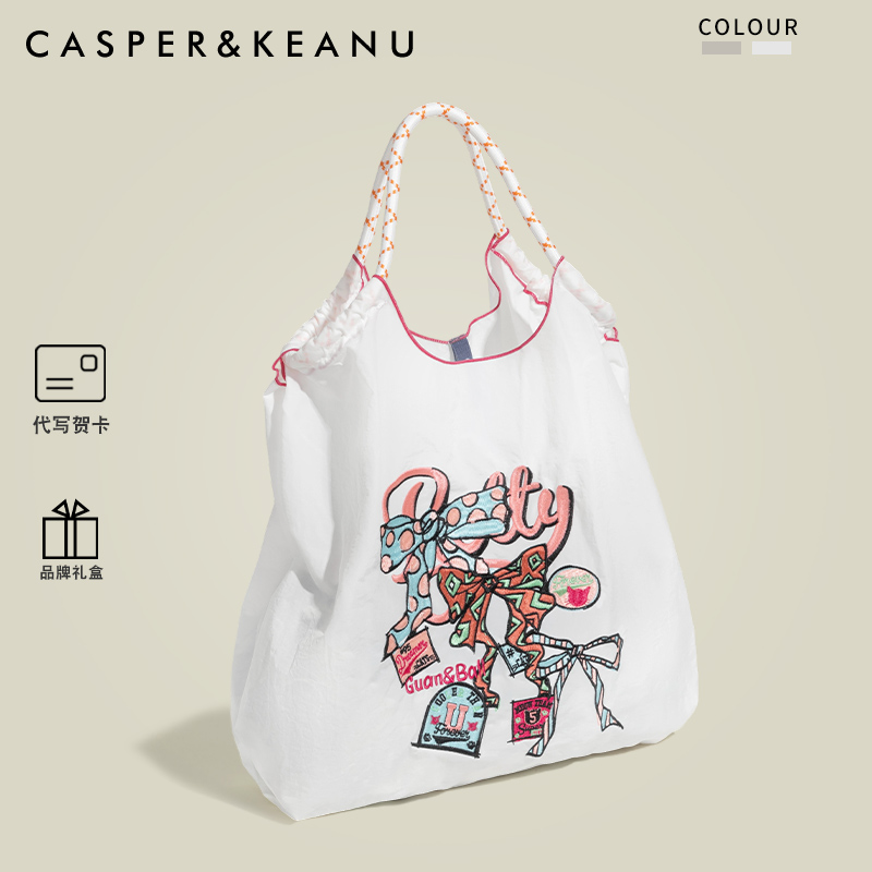 CASPER&KEANU日系可爱尼龙刺绣托特包女2025新款夏帆布环保购物袋
