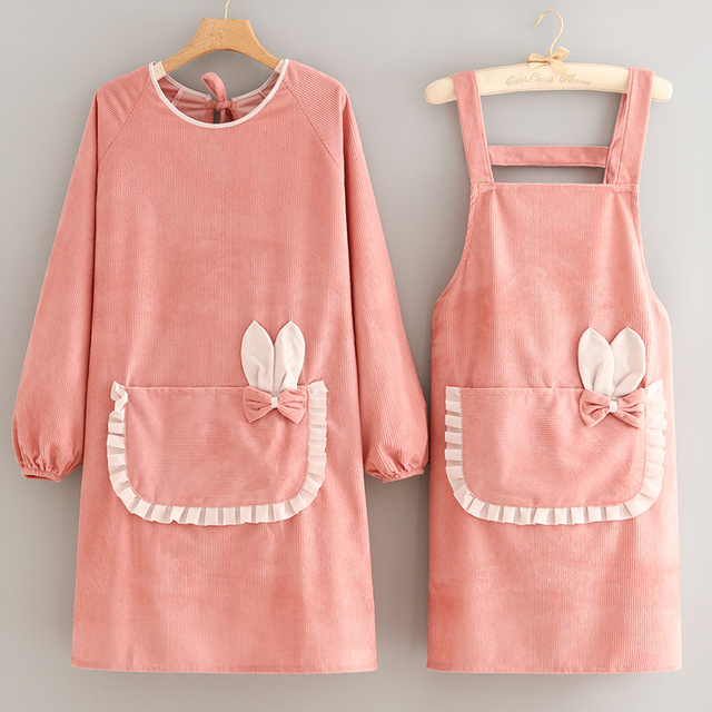 可爱防污耐磨条绒围裙厨房家用做饭长袖罩衣女新款工作服围腰护衣