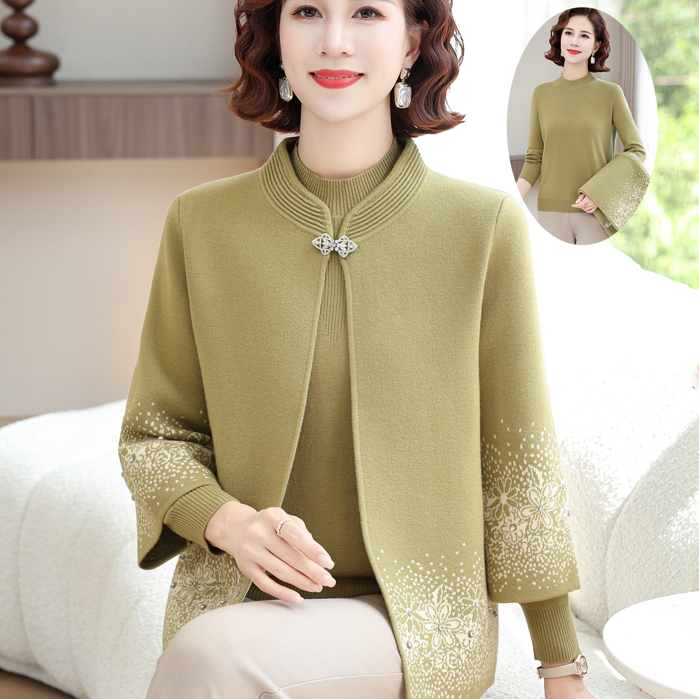 妈妈秋装2025新款针织外套上衣服中老年人女春秋毛衣开衫两件套装