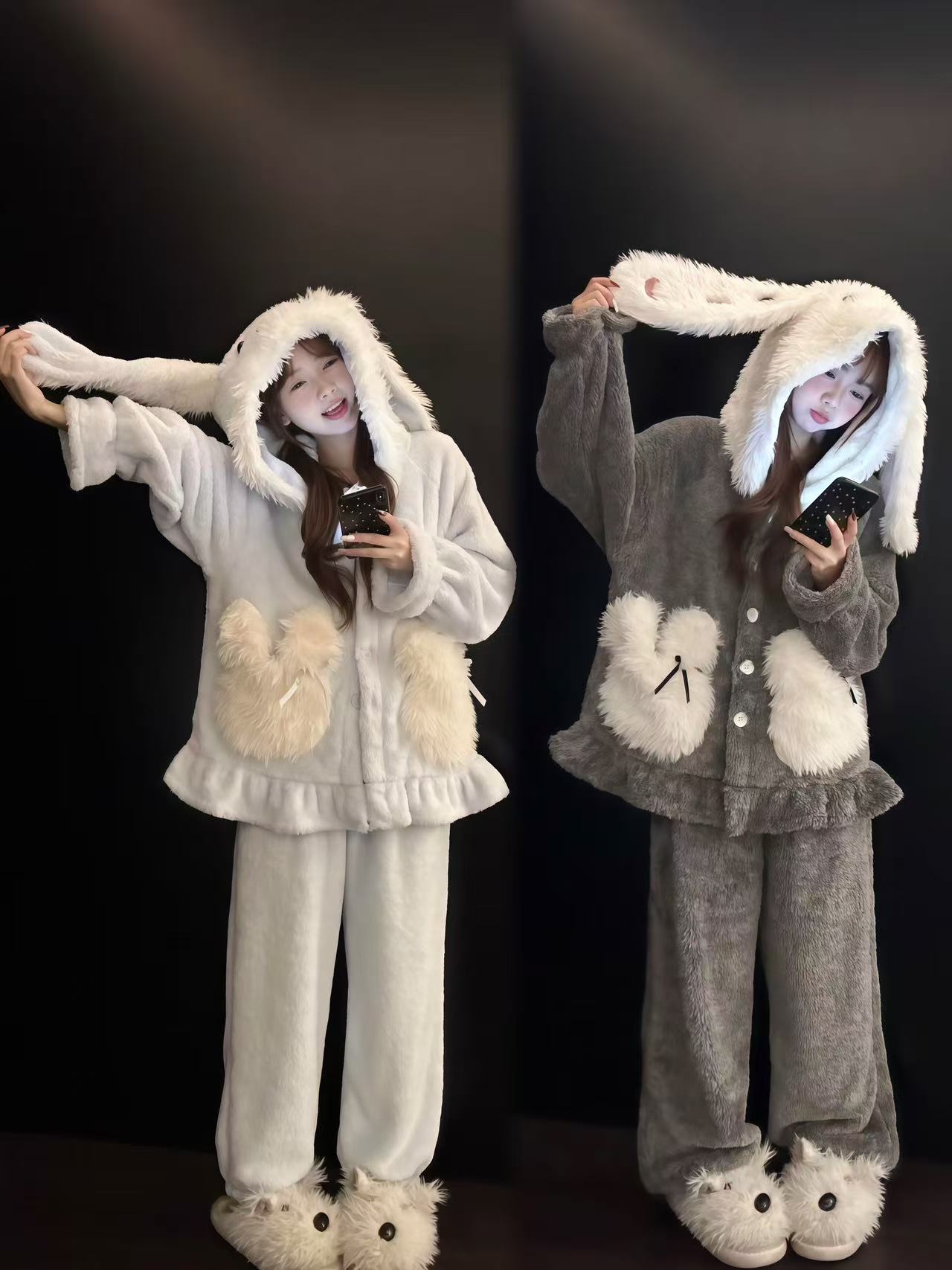 甜美可爱连帽兔子耳朵长袖睡衣女新款冬季大码珊瑚绒家居服套装