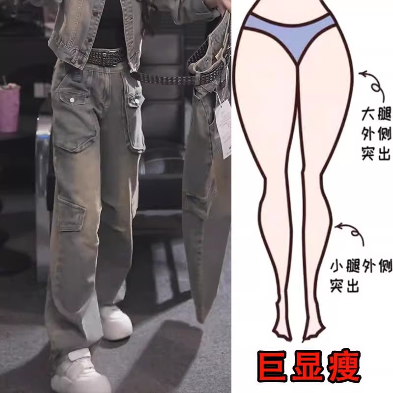 秋季新款大码女装时尚高腰做旧梨形身材显瘦遮肉宽松阔腿裤牛仔裤