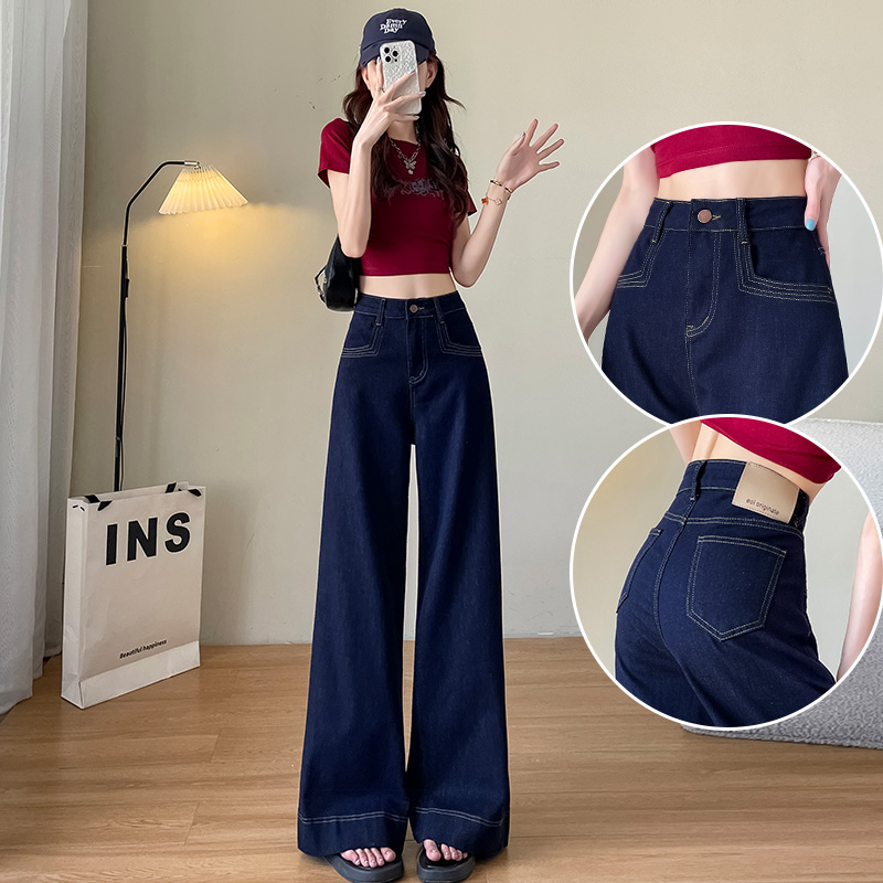 深蓝色牛仔裤女2025冬季加绒加厚丹宁蓝弹力港风小个子直筒阔腿裤