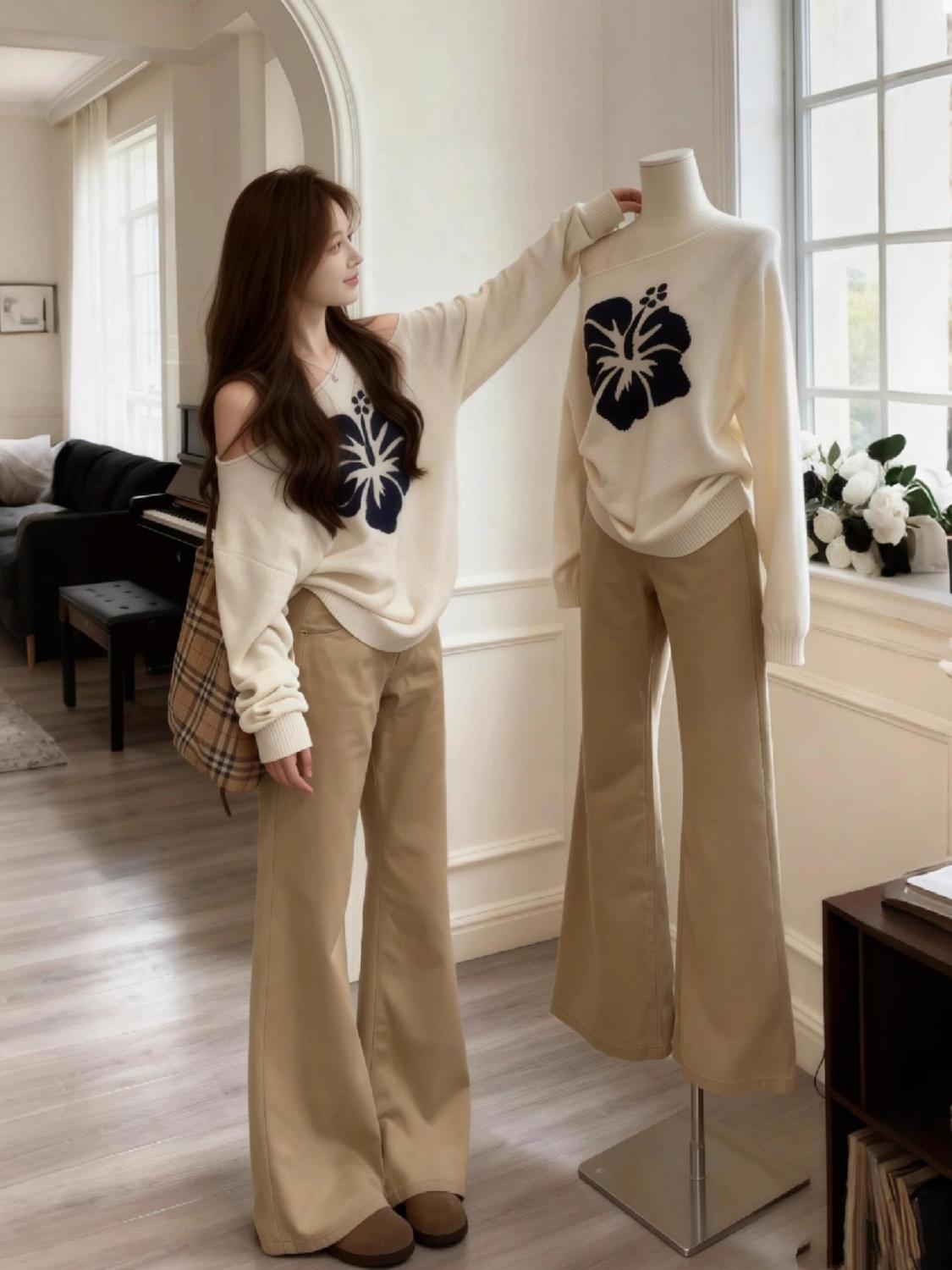 慵懒穿搭斜肩韩系毛衣针织衫宽松上衣百搭显瘦直筒裤子套装女2025