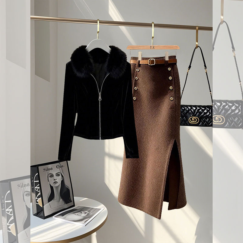 秋冬新款气质轻熟风一整套女时尚百搭毛领短外套设计感半身裙套装