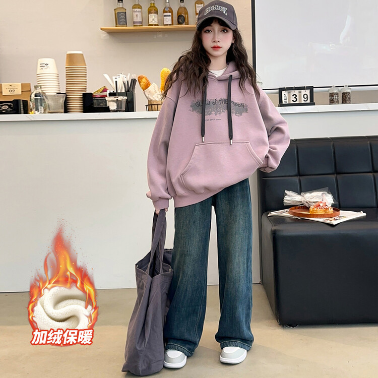 女童加绒卫衣2025新款洋气11岁12女孩13一体加厚连帽上衣中小学生