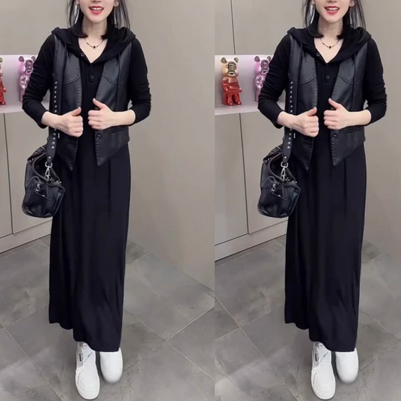 时尚洋气韩版长袖连帽连衣裙女中长款马甲两件套女士黑色显瘦套装