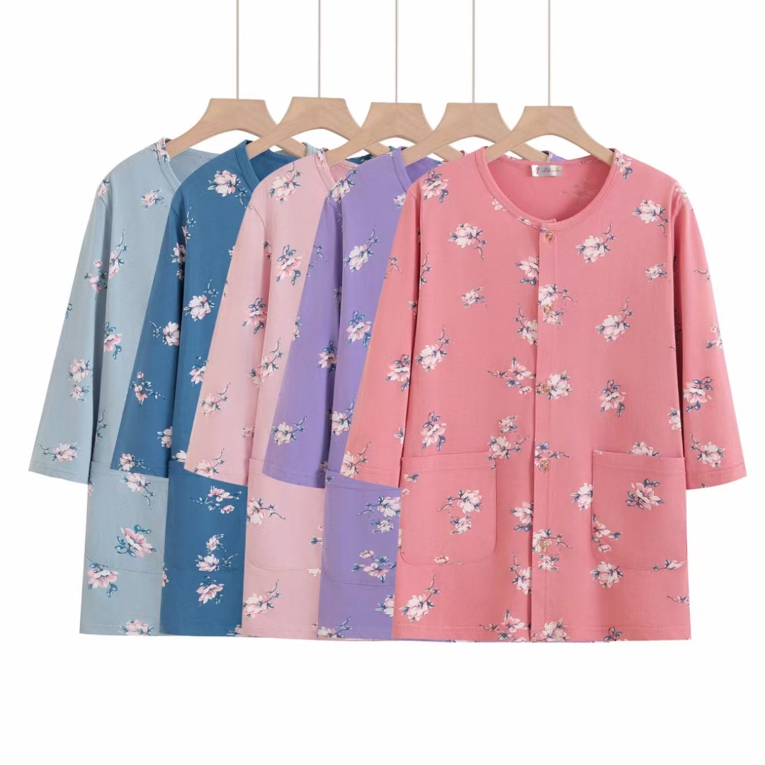 中老年七分袖T恤纯棉开衫加肥加大妈妈家居内衣汗衫开衫对襟