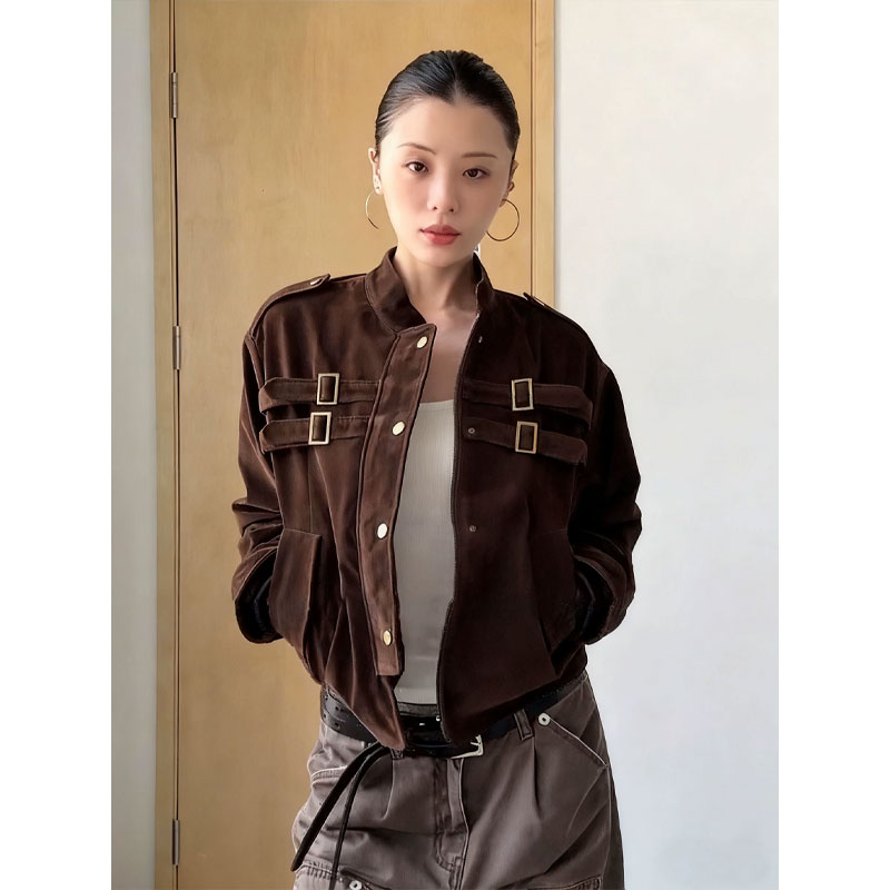 古着vintage短款外套男秋季麂皮绒美式工装绑带夹克设计感棒球服