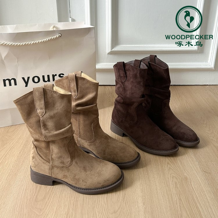 啄木鸟短靴子女粗跟中筒堆堆靴2025新款秋季美拉德西部牛仔马丁靴
