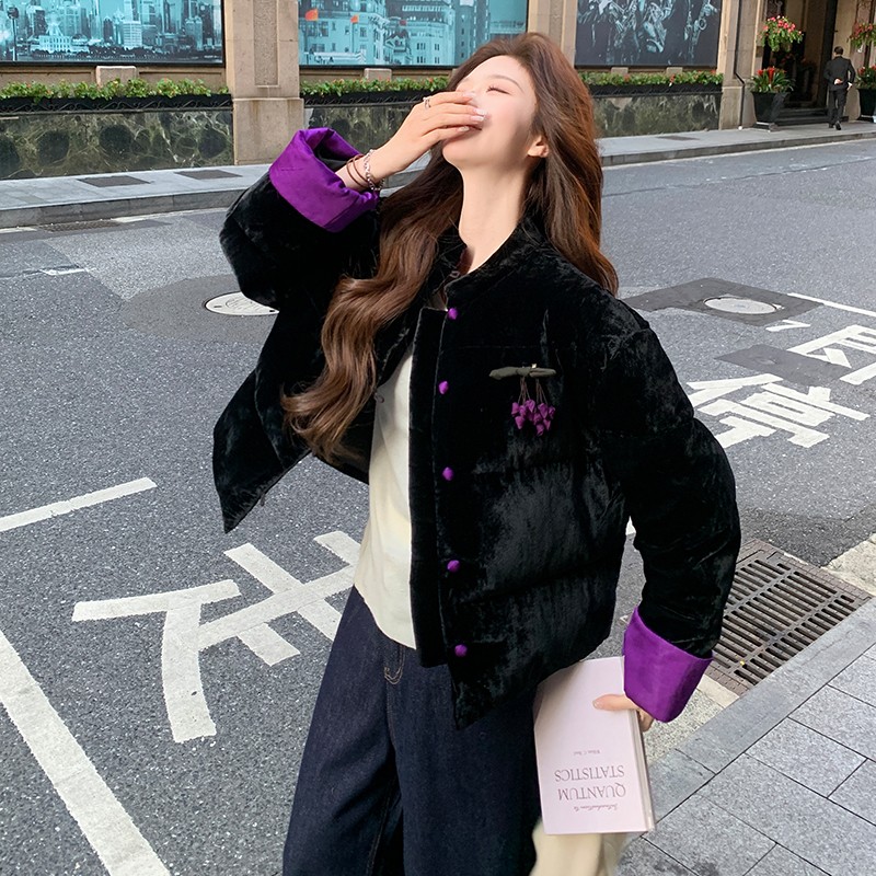 黑色丝绒撞色国风90绒羽绒服女2025冬季新款慵懒风短款小个子外套