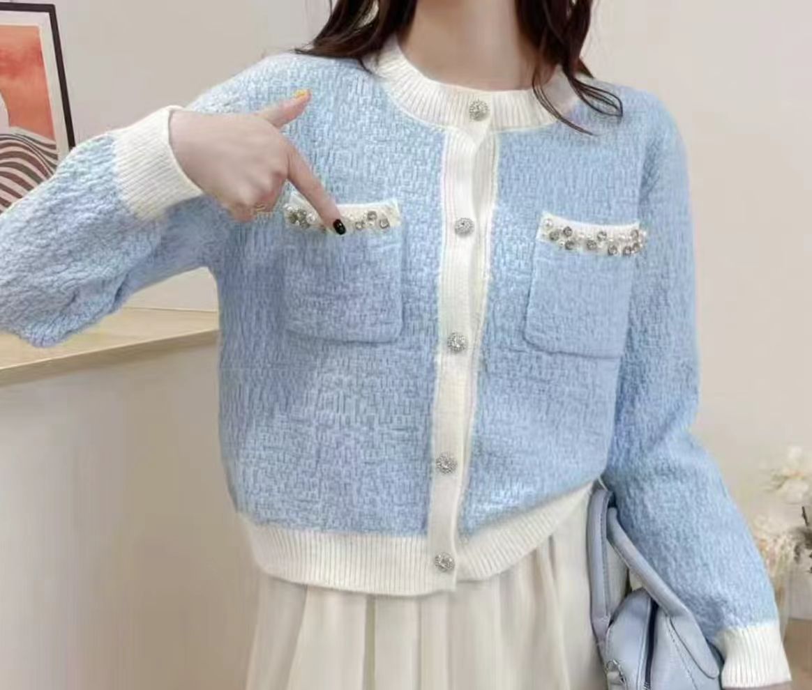 羊城故事小香风撞色秋冬短款针织开衫女2025春季软糯宽松显瘦毛衣