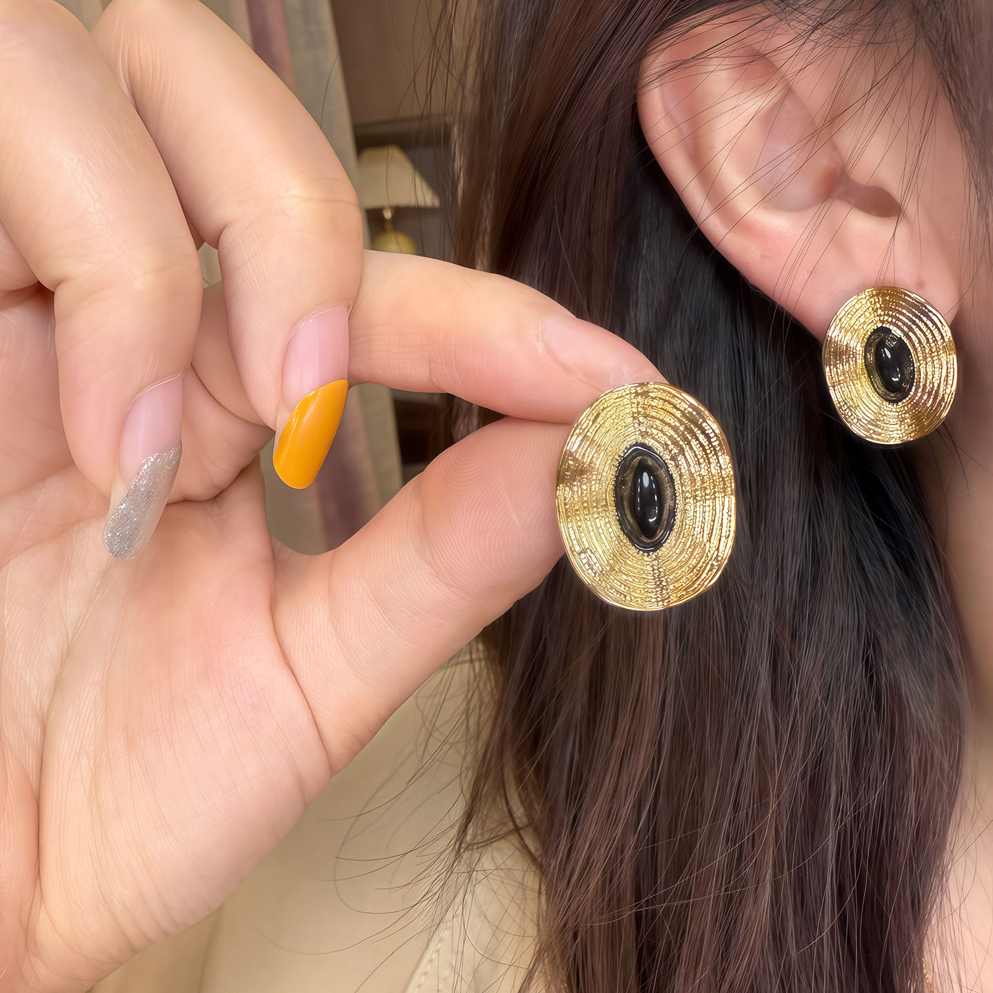 铜合金耳饰 金属风几何椭圆耳钉女气质欧美高级感耳环耳饰