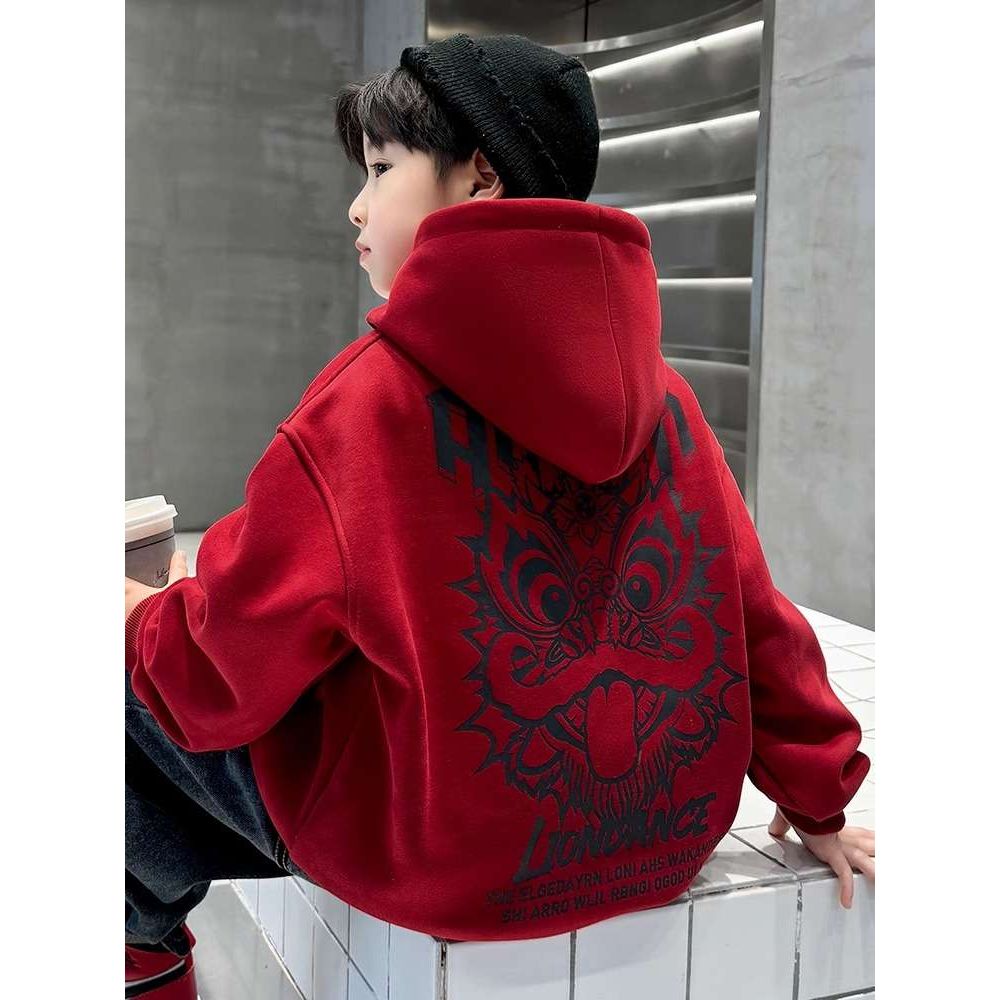 男童红色卫衣加绒加厚秋冬款新年衣服拜年服儿童本命年上衣2025年