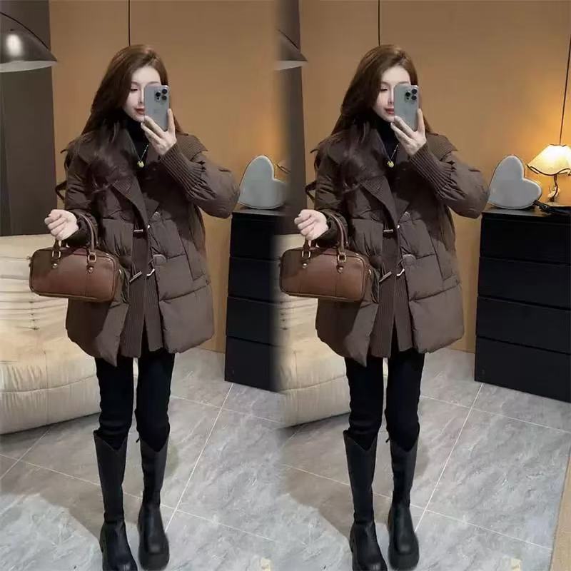 2025冬季新款韩版时尚毛巾披肩领棉服外套女保暖加厚棉衣中长款潮