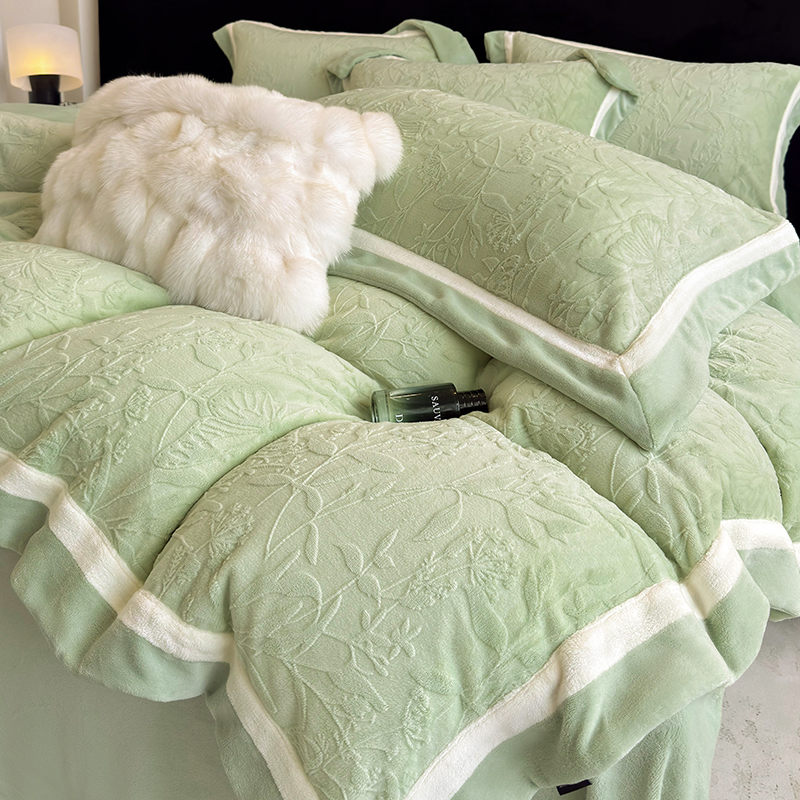 冬季立体雕花牛奶绒四件套加厚被套保暖床单珊瑚绒加绒高级感床品
