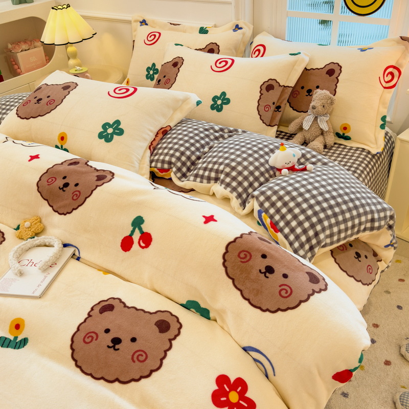 冬季加厚牛奶绒四件套ins卡通小清新床单被套法莱绒床笠款床上用