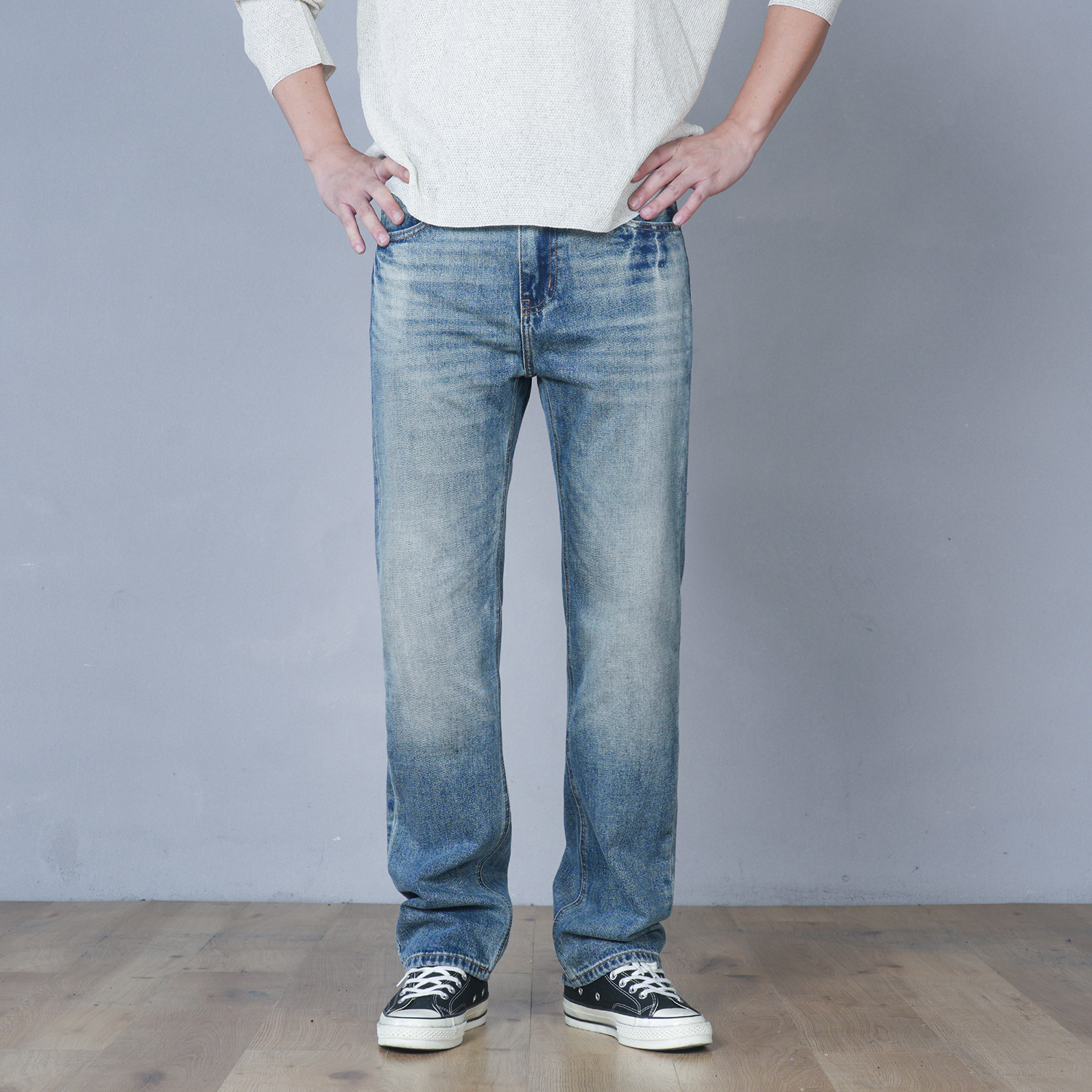 SEVENTH/第七路秋冬季13盎司宽松直筒重工艺水洗蓝色复古牛仔裤男