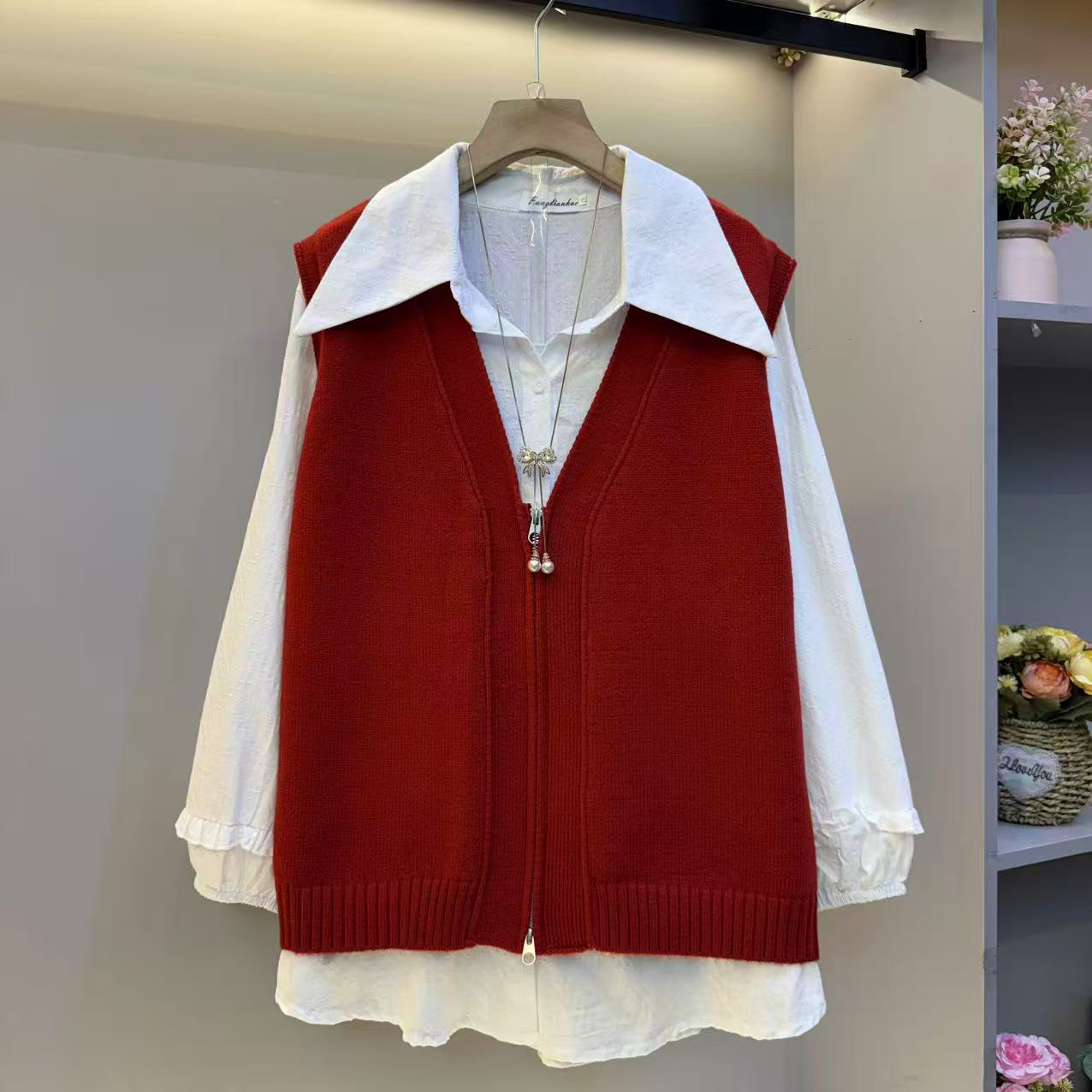 秋冬大码女装胖妹妹拉链马甲长袖衬衫遮肉宽松显瘦时尚