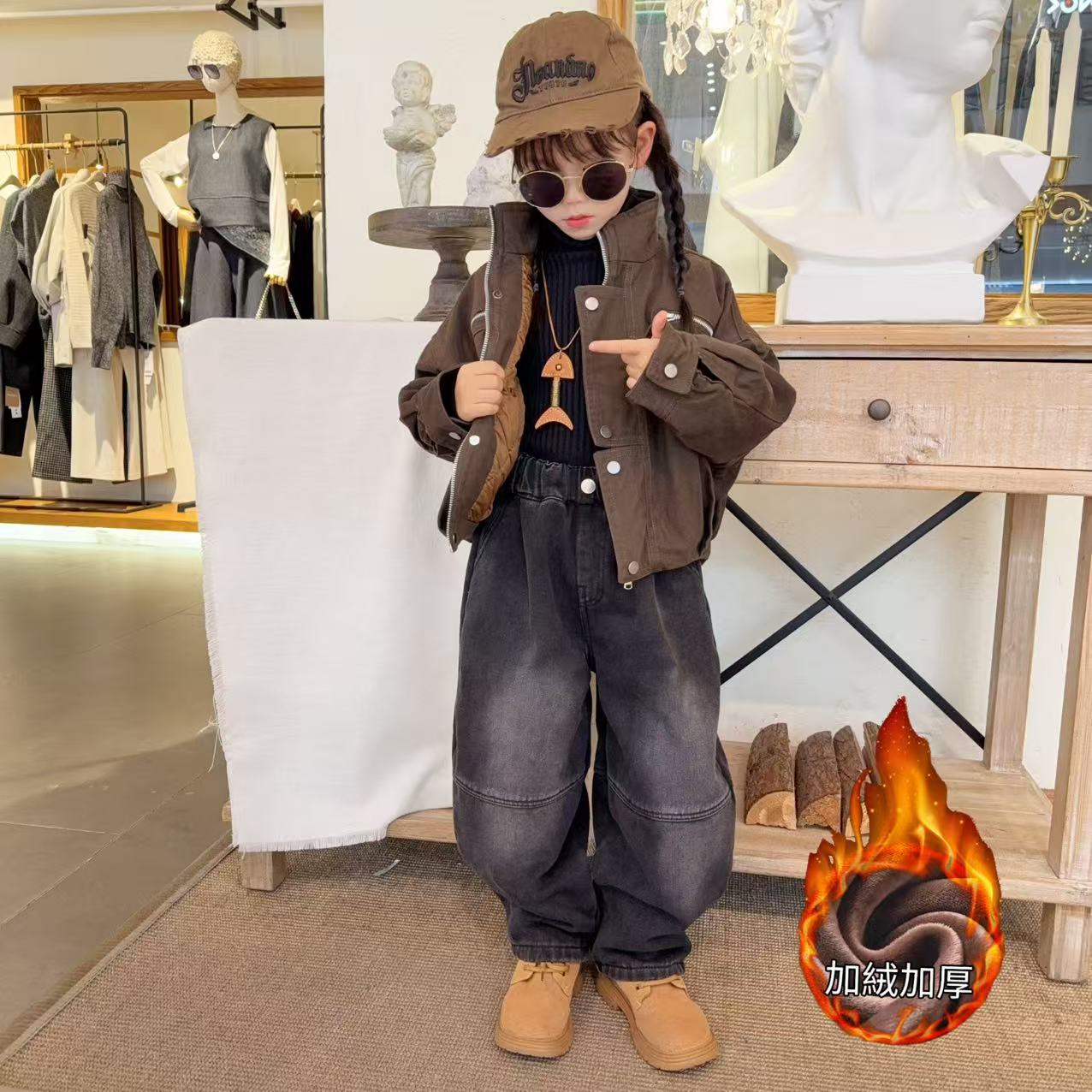 女童秋冬加绒牛仔套装时尚休闲风拉链重工机车外套中大童韩版