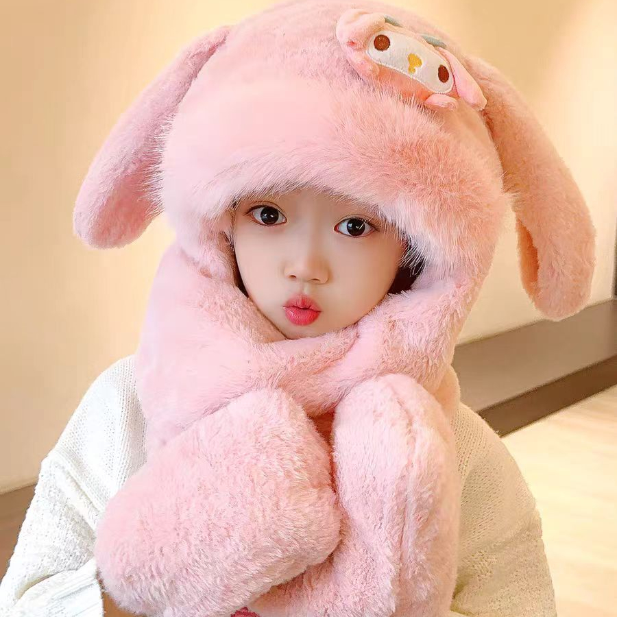 儿童帽子围巾手套一体帽女童加厚保暖耳朵会动男童毛绒护耳帽冬天