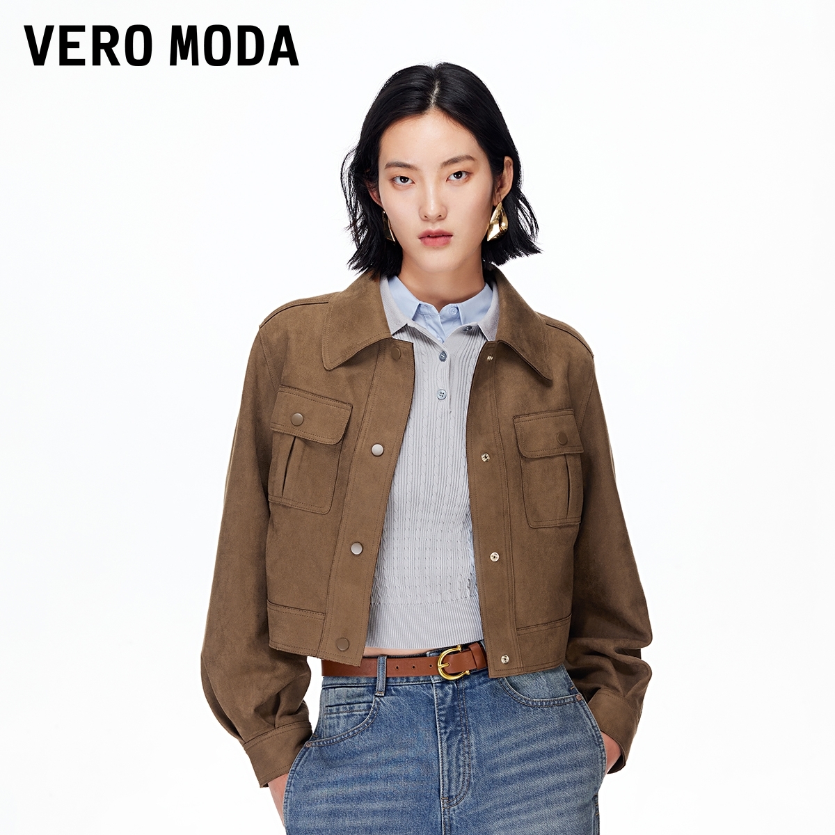Vero Moda夹克女2025秋季新款翻领按扣复古大气短款外套流光风