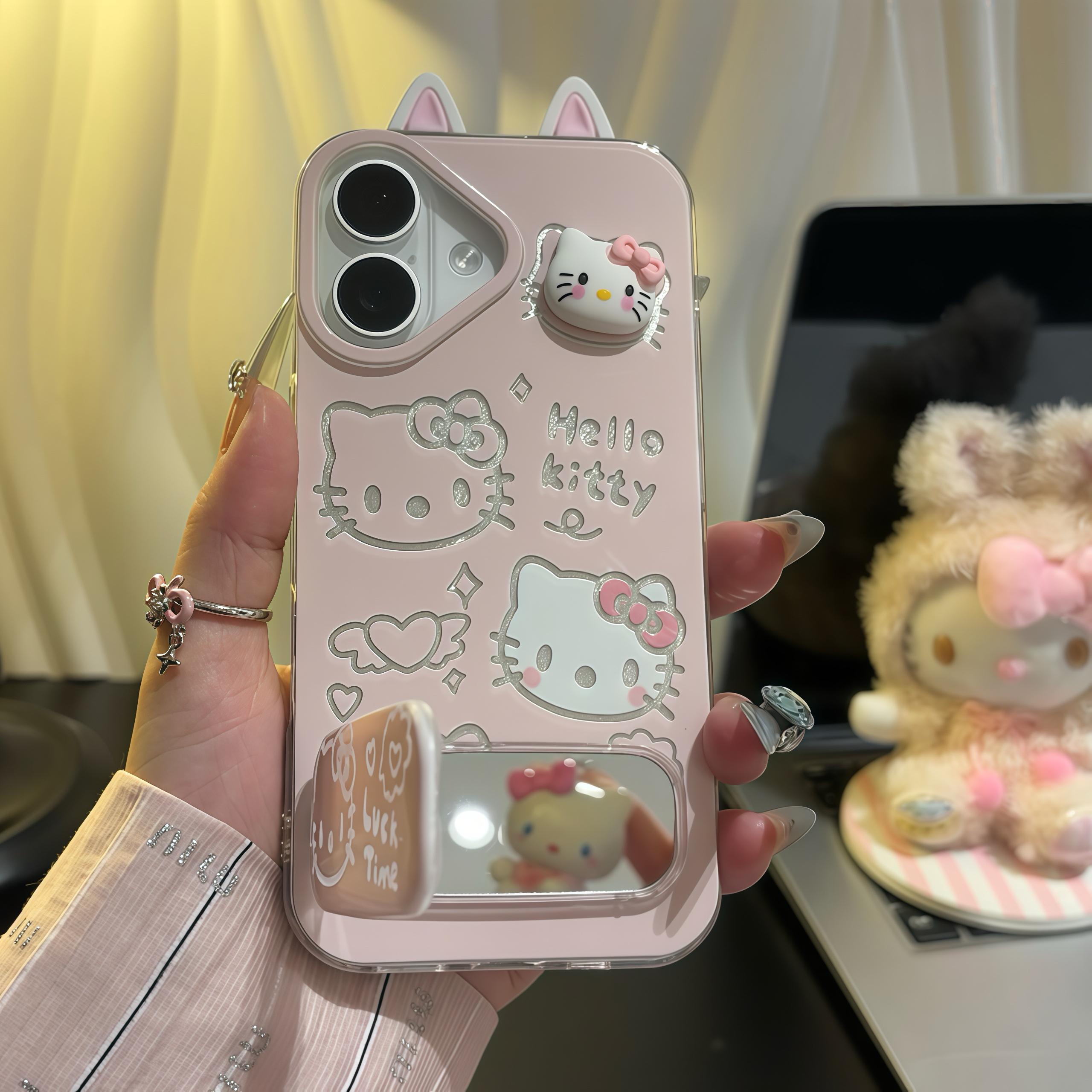 粉kitty耳朵支架适用iPhone苹果16手机壳华为p70vivoppo小米15套