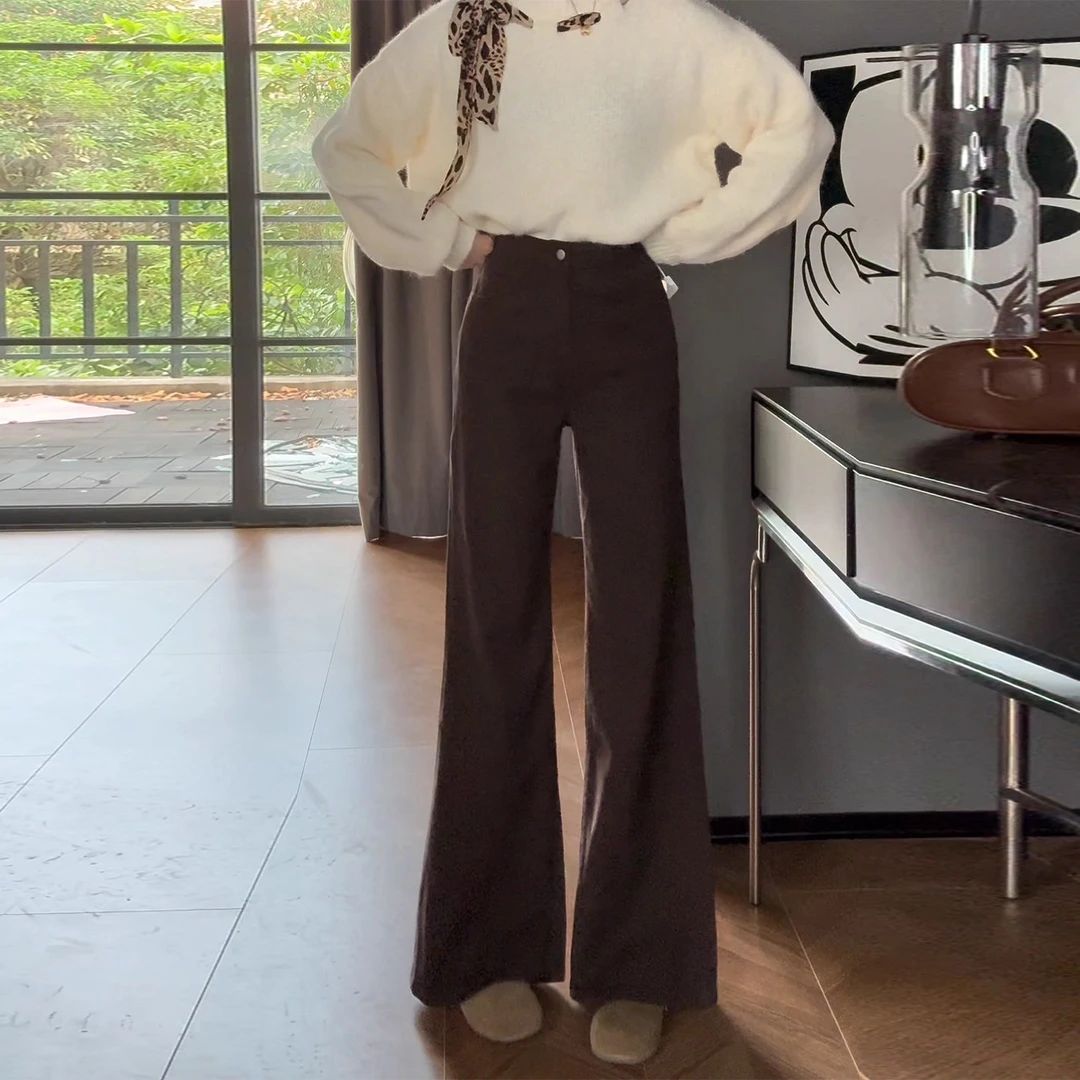 雪千羽美拉德深咖阔腿微喇牛仔裤女2025秋冬不贴腿加绒加厚拖地裤