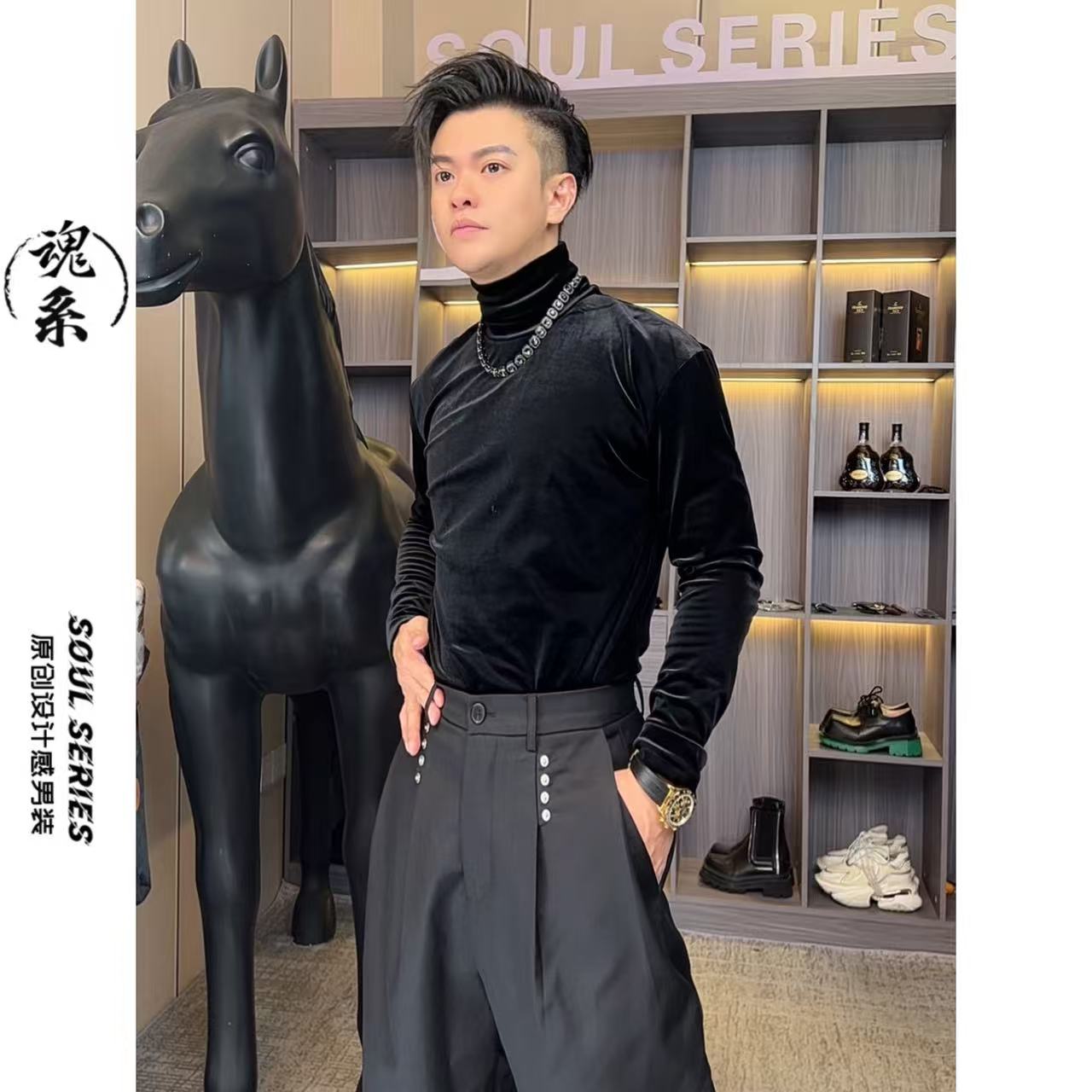 [魂系]秋冬丝绒长袖T恤上衣休闲时尚百搭黑色圆领男设计款2516