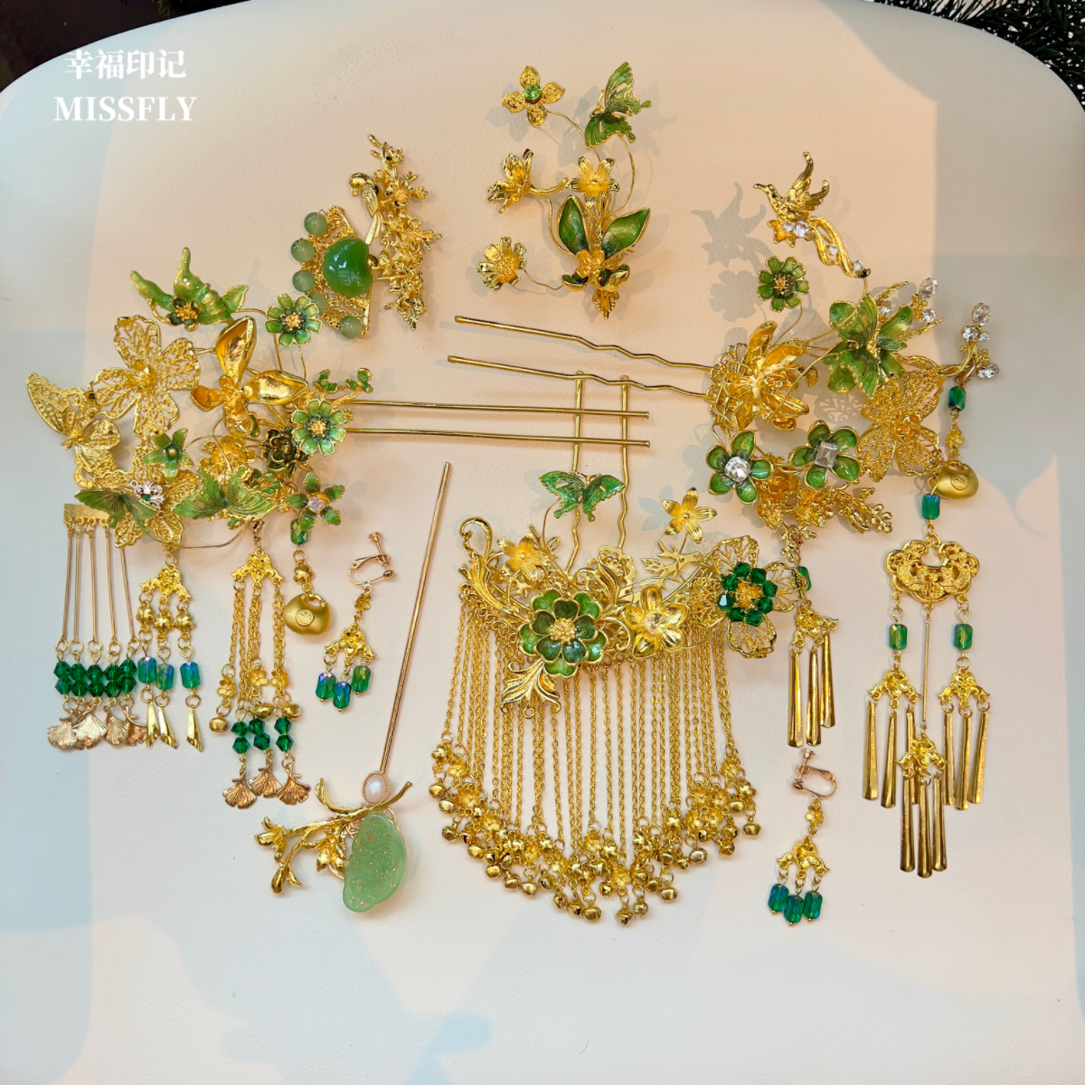 新娘新中式秀禾头饰金色绿色花朵蝴蝶人工仿玉石旗袍龙凤褂发饰