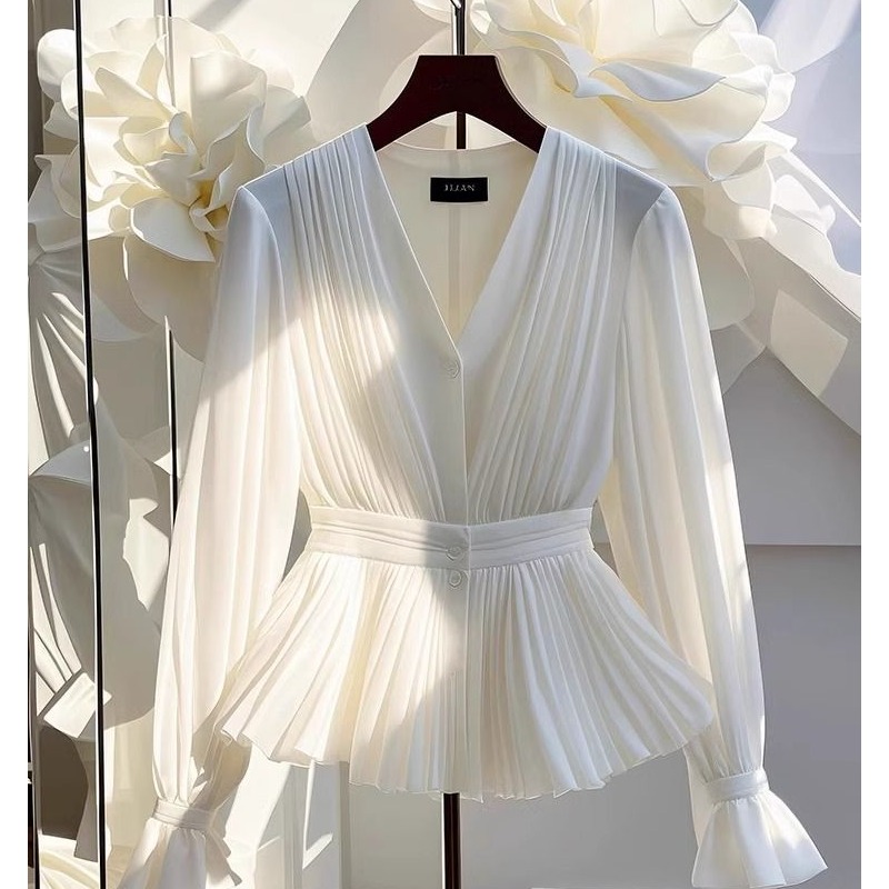 2025夏季新款高级感白色衬衫女长袖收腰小衫气质v领法式褶皱上衣