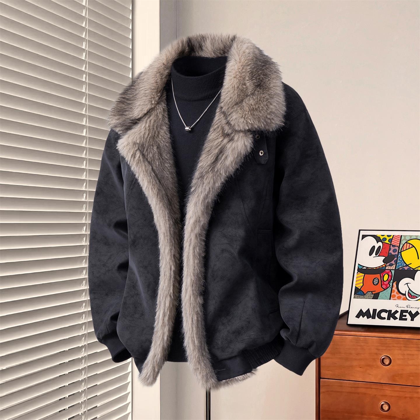 痞帅慵懒风男装2025冬季爆款百搭连帽座山雕夹克加棉加厚时尚外套