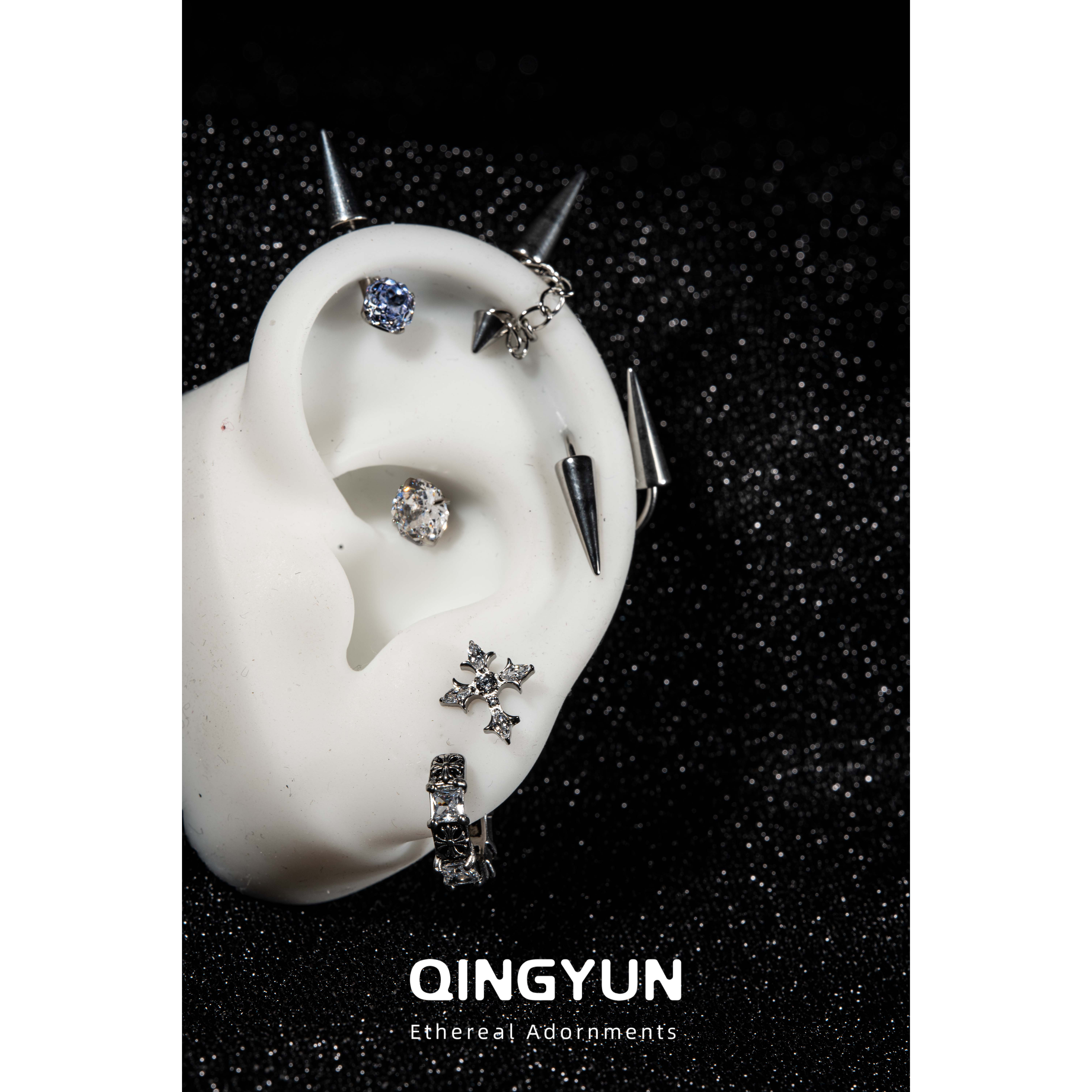 F136钛合金缠绕锆石系列耳钉新款个性养耳洞耳饰品