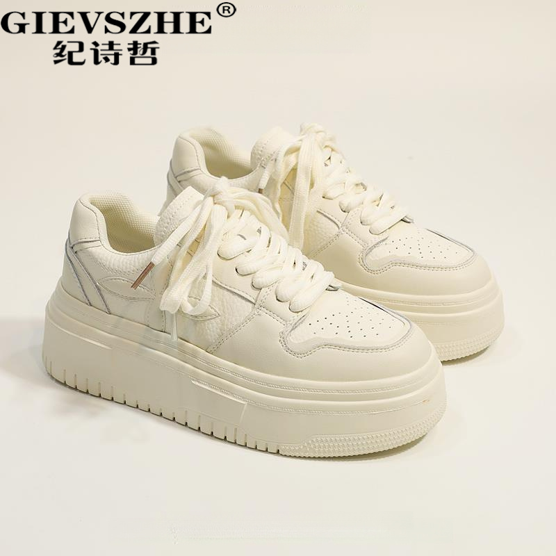 纪诗哲松糕底奶油色小白鞋女2023春夏厚底增高休闲板鞋真皮圆头鞋