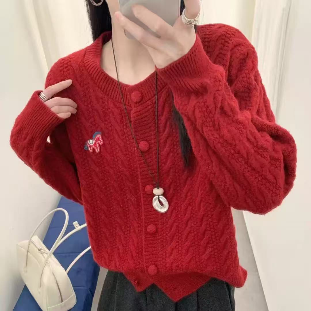 针织毛衫毛衣红色秋冬上衣女装半高领镂空女开衫开衫毛针织衫马