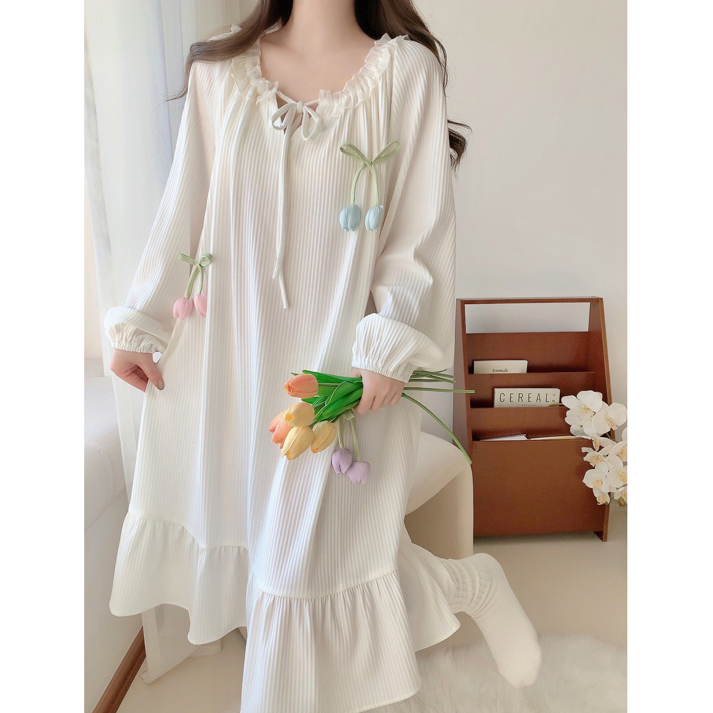 甜美公主风睡裙女春秋季长袖纯棉性感中长款睡衣孕妇可爱家居服