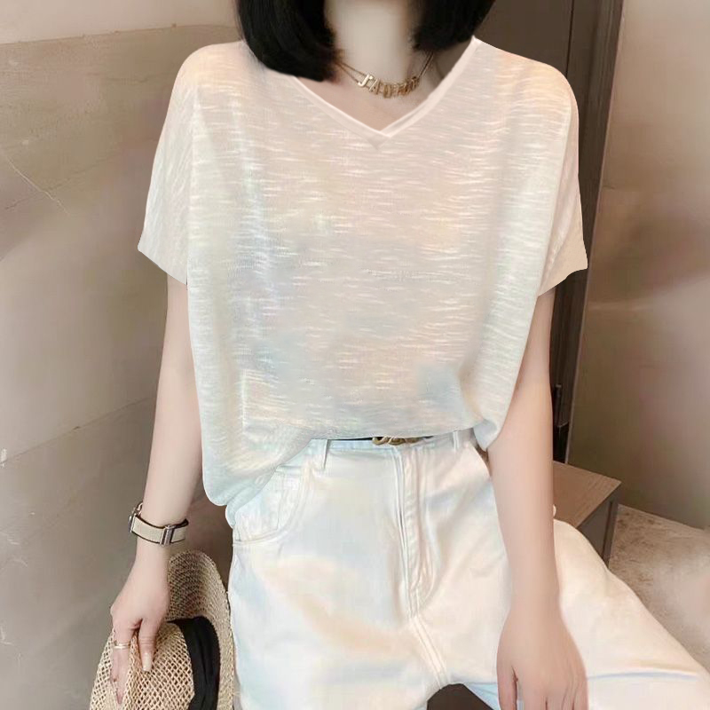 雪花棉V领气质百搭短袖t恤女士夏季新款微透设计感显瘦宽松上衣服