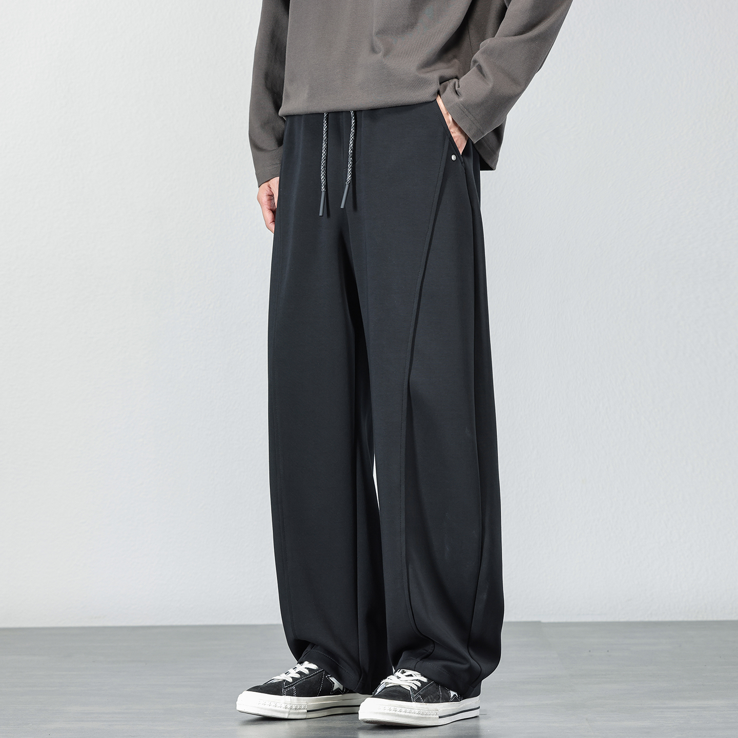 潮流百搭弯刀休闲裤男士2025秋冬季新品运动裤子宽松弹力纯色卫裤