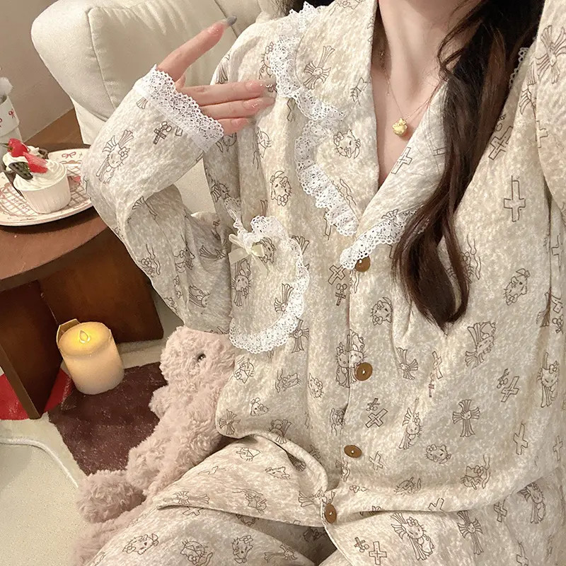 花边金kitty睡衣女春秋可爱长袖学生两件套ins风可外穿家居服套装