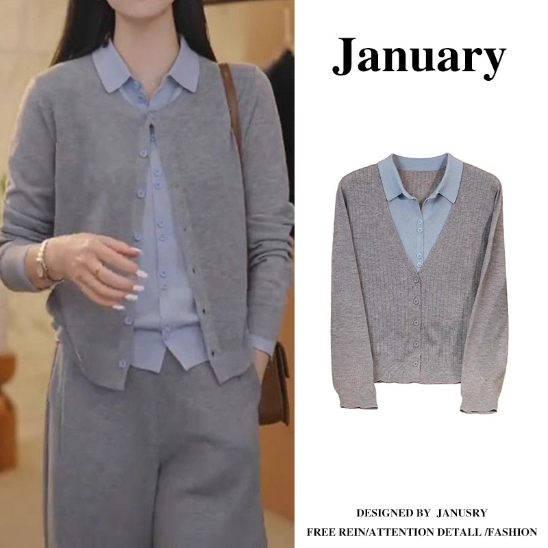 大码拼色假两件POLO领女针织衫胖MM春新款显瘦开衫正肩上衣-5506