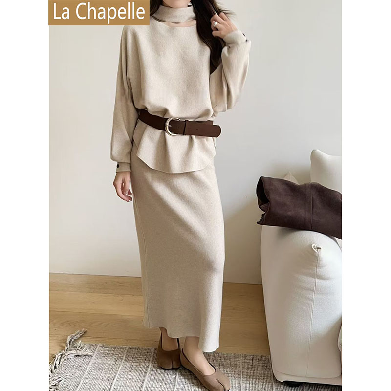 拉夏贝尔名媛气质套装千金淑女风秋冬款半高领针织衫半身裙两件套