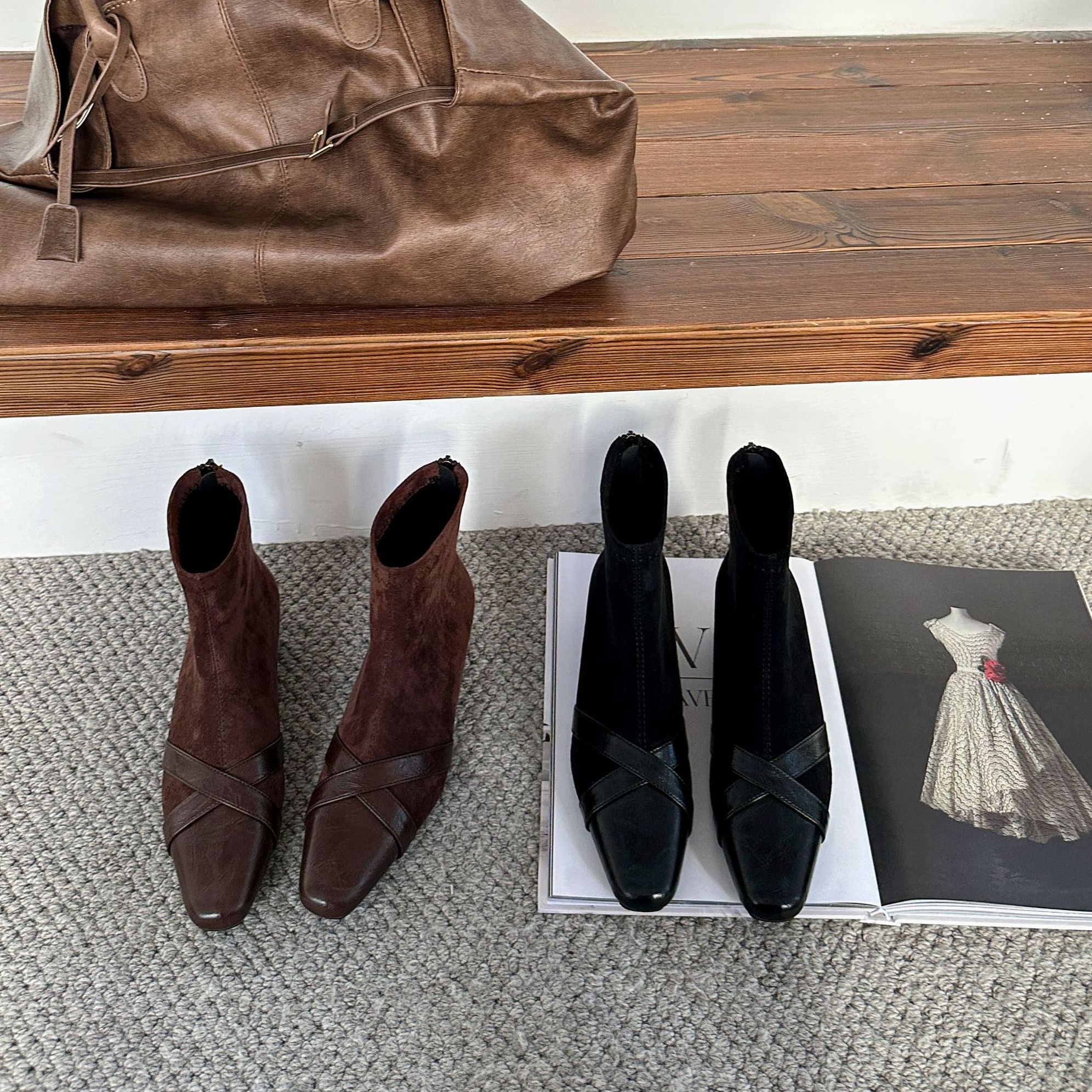 【冬日穿搭】法式复古内增高时尚洋气爆款女靴百搭阔腿裤必备短靴女